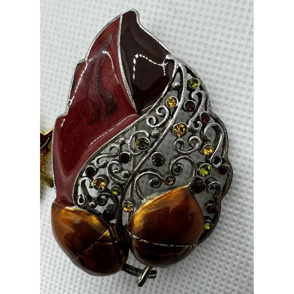 Vintage Double Acorn Leaf Brooch Pin Enamel Autumn Fall Thanksgiving Silver Gold
